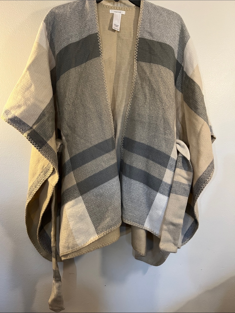 Maurices Beige, Gray & Cream Plaid Wrap Jacket